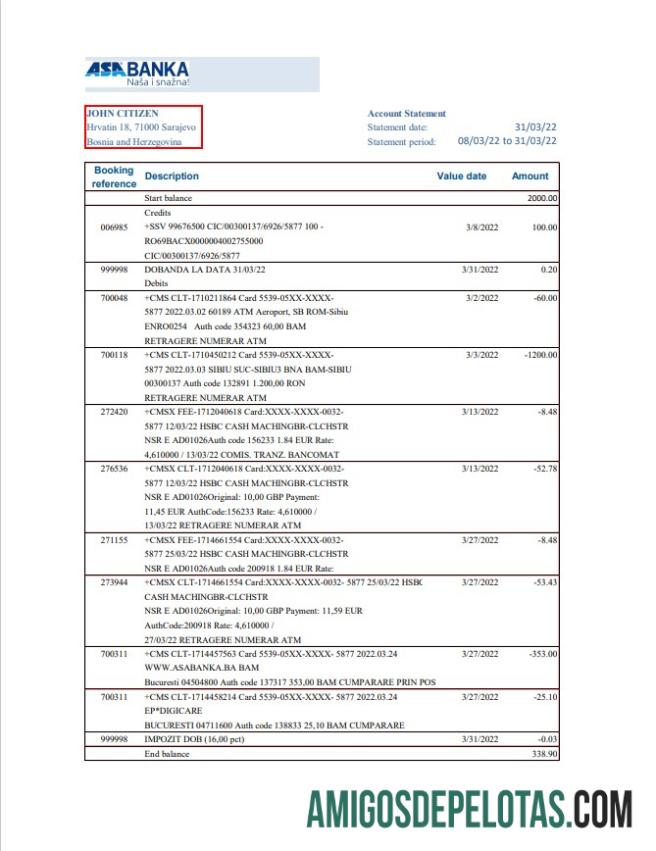 Modelo de extrato bancário ASA Banka da Bósnia e Herzegovina para download em formato Excel e PDF